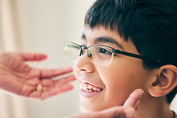 Image showing Eye care, face and child with glasses for vision, focus and eyes healthcare with frame choice and inspection. Smile, happiness and medical support for lens assessment and decision at optometrist