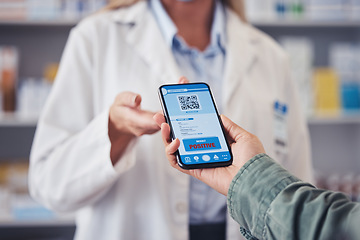 Image showing Pharmacist, customer and hands with phone, qr code or positive diagnosis of monkeypox virus at pharmacy. Closeup of medical worker and patient on mobile smartphone app for test results at drugstore