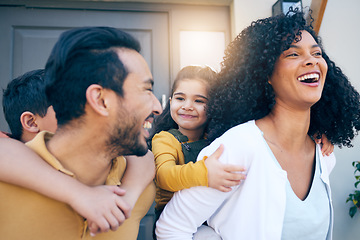 Image showing Piggy back, home and parents with children for having fun, bonding and healthy relationship in morning. Happy, interracial family and kids with mom and dad playing together for love, care and trust