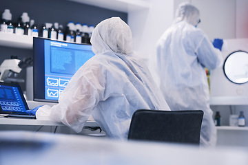 Image showing Future, research and science team in an investigation of hazard, virus and in a chemistry laboratory with computer. DNA, collaboration and medical scientist working on biotechnology experiment