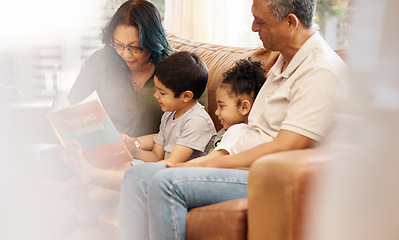 Image showing Home, story learning and student support with children and book for education. Studying, kid and grandfather with teaching, communication and reading for youth development and family in a house