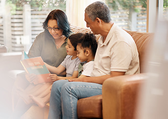 Image showing Home, story learning and grandparents support with children and book for education. Studying, kid and grandfather with teaching, communication and reading for development and family smile in house