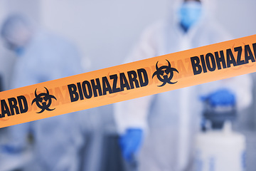 Image showing Biohazard, tape and people with caution working with toxic, biology or team disinfect dangerous bacteria for health crisis. Hazard, protection and warning for bio safety or cleaning in hazmat suit
