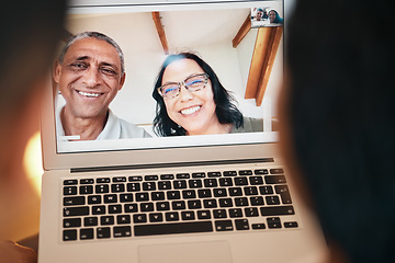 Image showing Video call, laptop screen and smile with face of family for communication, contact or connection. Happy, virtual and technology with senior people at home for excited, website or online chat together