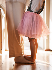 Image showing Dance, ballet and feet of father and daughter for learning, support and love. Music, help and youth with closeup of man and young girl in family home for teaching, creative and princess together