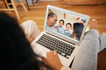 Image showing Video call, laptop screen and relax with face of family for communication, contact or connection. Happy, virtual and technology with senior people and children at home for website, online and chat