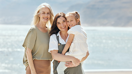 Image showing Beach, portrait and girl with her grandmother and mother on vacation, adventure or holiday. Happy, smile and family generations of women by the ocean for bonding on weekend trip together in Australia