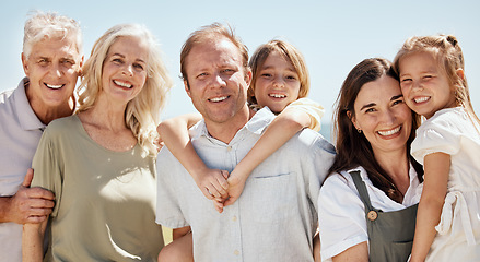 Image showing Big family, happy and grandparents with children and parents on tropical vacation or outdoor holiday for bonding. Portrait, smile and kids with grandfather travel with mother, father and grandmother