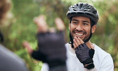 Image showing Cycling, sign language and a man in outdoor for fitness, training or communication with a deaf friend. Team building, exercise and a cyclist talking to a sports person with a disability in nature