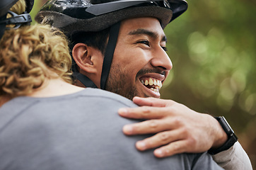 Image showing Hug, smile and cycling with friends in nature for fitness, health and partnership. Teamwork, motivation and sports adventure with men training in forest for wellness, workout and freedom together