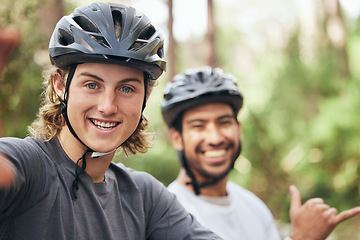 Image showing Cycling, selfie and portrait of friends in nature for fitness training, exercise and sports workout with helmet in Norway. Wellness, travel and people for social media in countryside for adventure