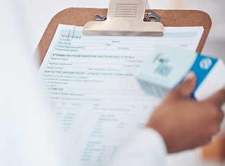 Image showing Prescription document, pharmacist or hands with medicine pills, supplements products or medical drugs. Healthcare paper, info or closeup of doctor with box for pharmacy checklist or record history