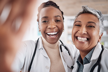 Image showing Happy, portrait or doctors in a selfie for a social media profile picture of a healthcare team of friends in hospital. Women or faces of medical worker taking picture or photo for memory with smile