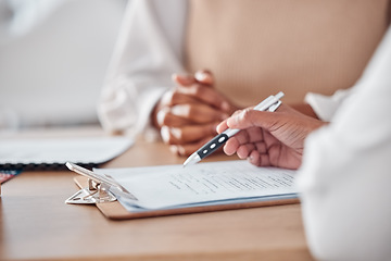 Image showing Hands, contract or doctor consulting a patient in meeting in hospital writing history or healthcare record. Document closeup, peperwork or nurse with person speaking of test results or medical advice