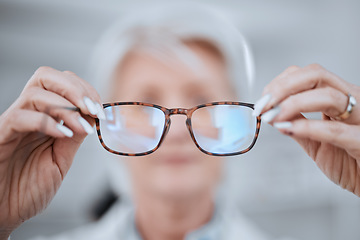 Image showing Optometry, consulting and pov with doctor and glasses for vision, eye care and assessment. Help, healthcare and wellness with closeup of person in clinic for shopping, insurance and ophthalmology