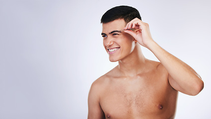 Image showing Man, tweezer and clean skincare with facial and beauty treatment for grooming and wellness in studio. Male model, dermatology and hair removal tool for eyebrows with white background and mockup space