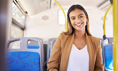 Image showing Woman on a bus, transport and travel with portrait, commute to work or university in city with traffic. Transportation, vehicle and happy student, day trip and journey with metro and public service