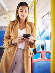 Image showing Bus, business woman and phone with public transport, social media scroll and web with job commute. City travel, stop and internet app of a female professional on a mobile with networking on metro