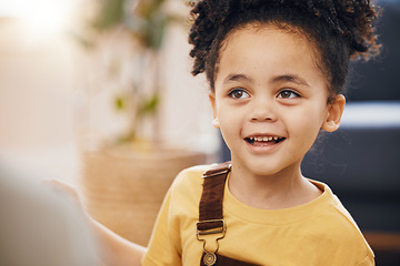 Image showing Happy, face and young child with smile, relax and fun on weekend in living room of family home in Brazil. Lens flare, sweet kid and person in lounge of apartment with happiness and joy in the morning