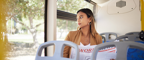 Image showing Woman on a bus, transport and travel with newspaper, commute to work or university, city and traffic. Transportation, vehicle and student, day trip and reading material with metro and public service