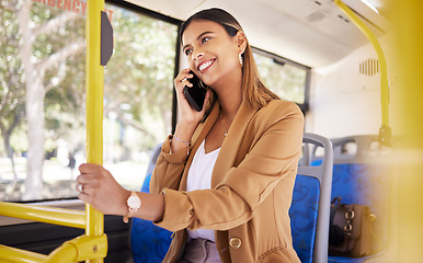 Image showing Woman, thinking and phone call on bus, transport or travel in city with business communication, online news or chat. Happy woman on metro, urban journey and talking of career opportunity on mobile