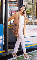 Image showing Travel, phone call and happy woman at the bus stop, public transport service and person chat on commute to work. Corporate, worker or talking on cellphone with connection or transportation on metro