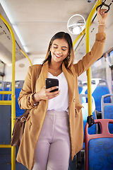 Image showing Bus, happy woman and phone with public transport, social media scroll and smile with business commute. City travel, stop and internet app of a female professional on a mobile with networking on metro