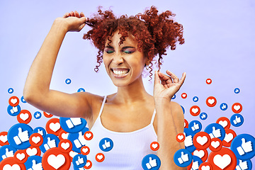 Image showing Woman, notification icon overlay and studio with excited smile, traffic or attention on web by purple background. Gen z influencer girl, like and heart emoji for blog, social media or happy with sign