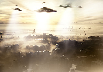 Image showing City, ufo and invasion with light beam, contact or spaceship with mystery, futuristic or transport for outer space. Aliens, future or beings with glow, earth or science fiction with saucer or machine