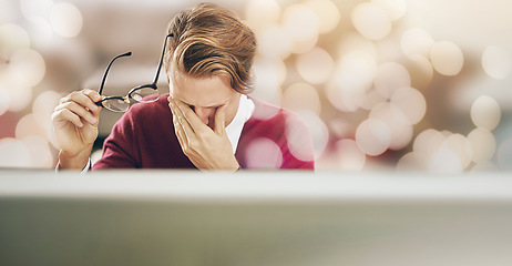 Image showing Business, stress and man with a headache, overlay and burnout with bokeh background. Person, employee and consultant with a migraine, overworked and banner with financial audit, depression and pain