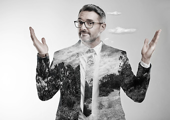 Image showing Double exposure businessman, portrait or confused with solution by white background for eco friendly company. Mature person, doubt or decision hands for green business questions, choice and why shrug