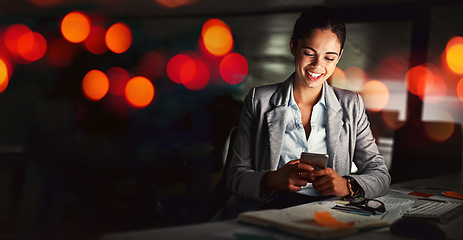 Image showing Mockup, phone and business woman at night online for connection, social media and internet chat. Banner space, communication and worker typing on smartphone for research, website and email in office
