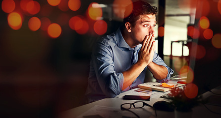 Image showing Business man, stress and computer in night, office and 404 glitch with overtime, deadline and mistake. Software coding, pc error and developer with system fail, bokeh and worry in dark workplace
