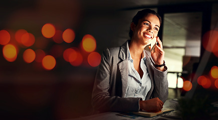 Image showing Business woman, phone call and networking at night with bokeh lighting and computer work. Deadline, smile and mobile communication with worker conversation and data for project and mockup up space