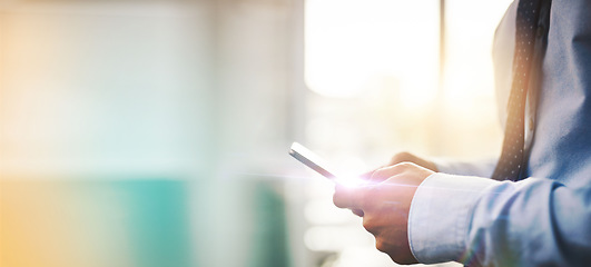 Image showing Mockup, phone and hands of business person online for connection, social media and internet chat. Banner space, communication and worker typing on smartphone for research, website and email in office