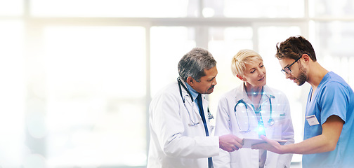 Image showing Team, doctors and tablet with hologram and tech, healthcare and innovation for digital transformation. Medical research partnership, overlay and mockup space, people at hospital and futuristic health