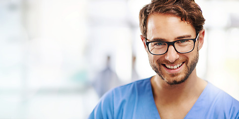 Image showing Doctor, man and portrait with smile for healthcare, surgeon at hospital with mockup space. Banner, medical profession and happy in medicine with headshot, career in surgery and service with expert