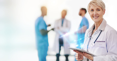 Image showing Senior woman, doctor and tablet with digital transformation in portrait, healthcare and tech innovation. Medical research, overlay and mockup space, online hospital system and futuristic health