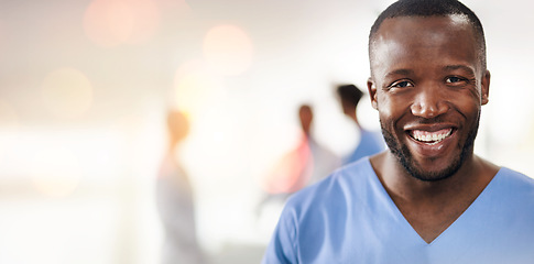 Image showing Black man, doctor and portrait in clinic with space for mockup, healthcare and wellness with bokeh. Happy African medic, excited and pride for job in hospital, surgery and nursing for health in Kenya