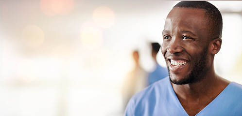 Image showing Black man, doctor and thinking in clinic with space for mockup, healthcare and wellness with bokeh. Happy African medic, ideas and pride for job in hospital, surgery and nursing for health in Kenya