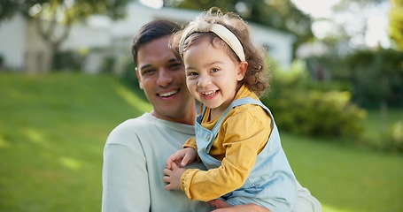 Image showing Dad, baby and portrait of girl with smile in garden, backyard or laughing together with happiness on weekend. Toddler, father and kid with smile on face for summer, vacation or playing with family