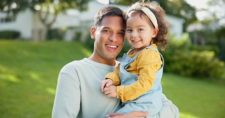 Image showing Dad, baby and portrait of girl with smile in garden, backyard or laughing together with happiness on weekend. Toddler, father and kid with smile on face for summer, vacation or playing with family