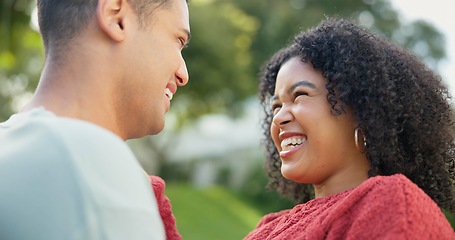 Image showing Hug, outdoor and couple with love, smile and bonding with quality time, romance and support. Romantic, man or woman in a backyard, park or peace with happiness, loving together or embrace in a forest