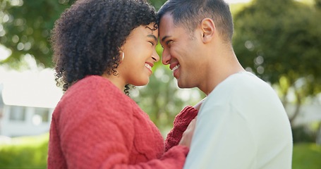 Image showing Hug, backyard and couple with love, peace and bonding with quality time, romantic and happiness. Romance, man and woman outdoor, park and loving together in a park, embrace and support with care