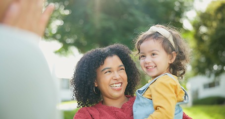 Image showing Happy family, parents or baby in park to play with love, care or quality bonding time together outdoors. Mother, face or daughter laughing at game with joy, support or smile with father or freedom