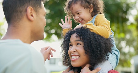 Image showing Happy family, parents or baby in park to play with love, care or quality bonding time together outdoors. Mother, face or daughter laughing at game with joy, support or smile with father or freedom