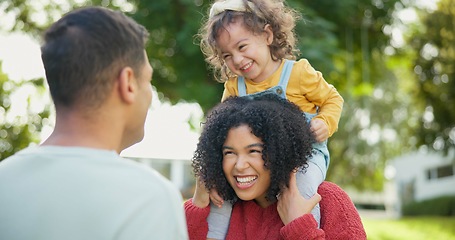 Image showing Happy family, parents or baby in park to play with love, care or quality bonding time together outdoors. Mother, face or daughter laughing at game with joy, support or smile with father or freedom