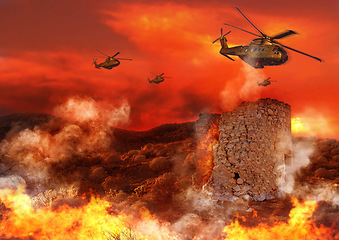 Image showing Combat, military and helicopter with fire in explosion for service, army duty and conflict in city. Mockup, apocalypse and airforce with bombs for armed forces, defense and warfare in battlefield