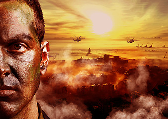 Image showing Combat, military and portrait of soldier with fire in warzone for service, army duty and battle in camouflage. Mockup, banner and half face of man with helicopter for armed forces, defense or warfare