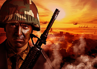Image showing Explosion, military and portrait of soldier with fire in warzone for service, army duty and battle in camouflage. Mockup, conflict and face of man with helicopter for armed forces, defense or warfare
